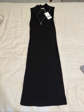 Zara Black Ribbed Sleeveless Maxi Dress with Zip Neck